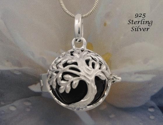 Chiming Tree of Life Necklace, Black Chime Ball, Sterling Silver