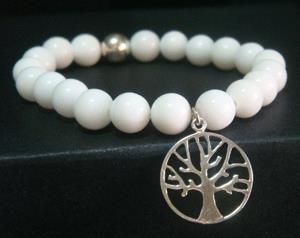 Bracelet with White Agate Beads and Sterling Silver Tree Charm