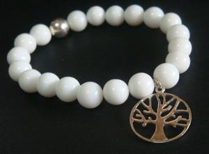 Bracelet with White Agate Beads and Sterling Silver Tree Charm
