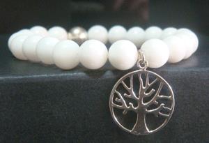 Bracelet with White Agate Beads and Sterling Silver Tree Charm - Click Image to Close