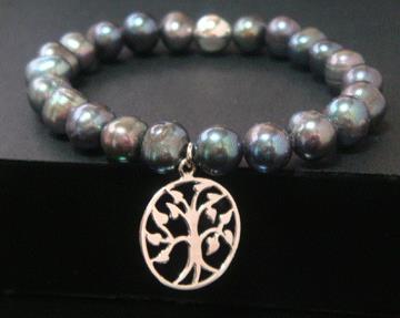 Tree of Life Bracelet, Sterling Silver Charm and Tahitian Pearls