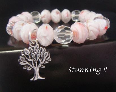 Tree of Life Bracelet with Pink Crystals, Tibetan Silver Tree - Click Image to Close