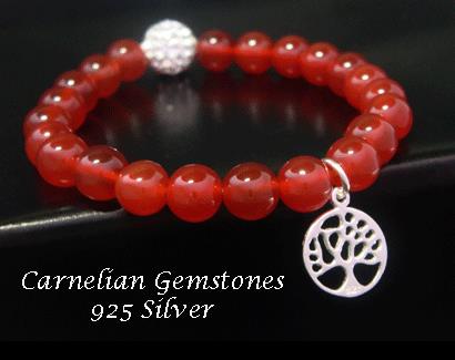 Bracelet with Carnelian Beads and Sterling Silver Tree Charm