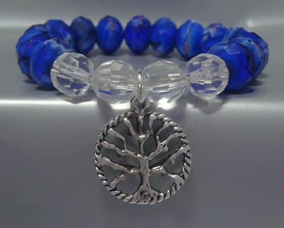 Tree of Life Bracelet, Vivid Blue Beads, Antique Tree Pendant - Click Image to Close