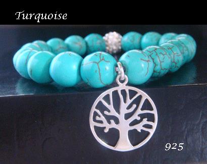 Bracelet with Turquoise Beads and Sterling Silver Tree Charm - Click Image to Close
