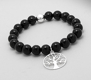 Tree of Life Black Agate Bracelet with Sterling Silver Charm - Click Image to Close
