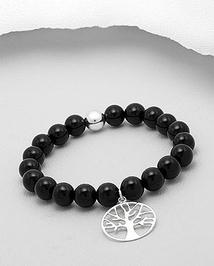 Tree of Life Black Agate Bracelet with Sterling Silver Charm - Click Image to Close