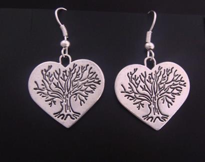 Tree of Life Earrings, Heart Shape Stamped with Impressive Tree - Click Image to Close