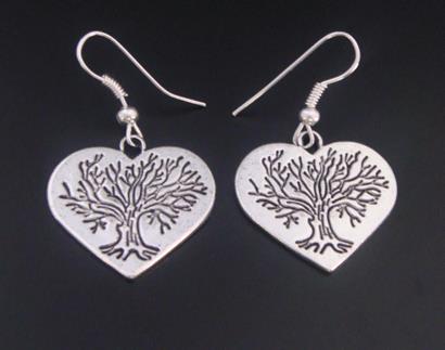 Tree of Life Earrings, Heart Shape Stamped with Impressive Tree - Click Image to Close
