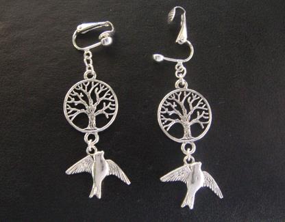 Tree of Life Clip On Earrings, Celtic Tree, Bird in Flight Below - Click Image to Close