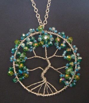Tree of Life Necklace, Silver Wire and Crystals Design Pendant - Click Image to Close