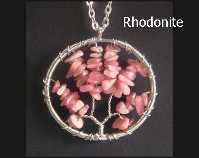 Tree of Life Necklace, Rhodonite Gemstones, Large Pendant - Click Image to Close