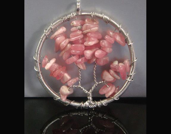 Tree of Life Necklace, Rhodonite Gemstones, Large Pendant - Click Image to Close