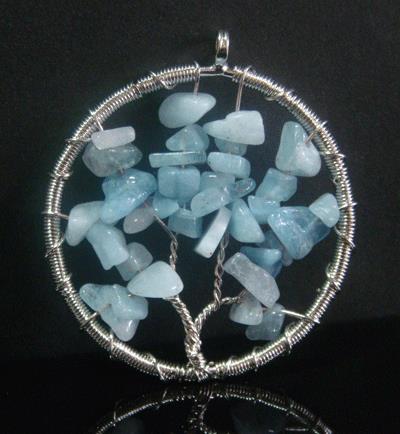 Tree of Life Necklace, Aquamarine Gemstones, 50mm Pendant - Click Image to Close