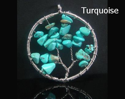 Tree of Life Necklace, Large Pendant, Turquoise Gemstones