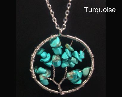 Tree of Life Necklace, Large Pendant, Turquoise Gemstones - Click Image to Close