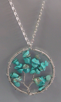 Tree of Life Necklace, Large Pendant, Turquoise Gemstones - Click Image to Close