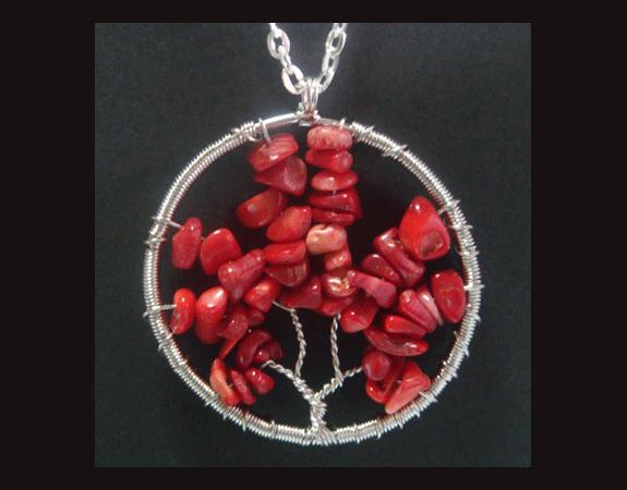 Tree of Life Necklace with Red Coral on a Large 50mm Pendant - Click Image to Close
