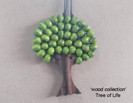 Tree of Life Necklace, Natural Wood, Green Wooden Beads