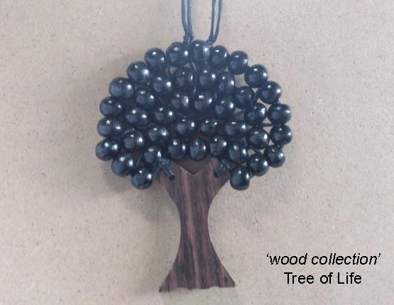 Tree of Life Necklace, Natural Wood,Bluish Black Wooden Beads