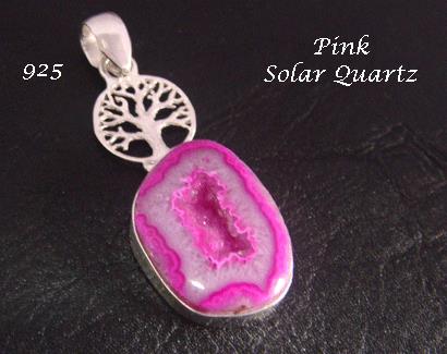 Tree of Life Necklace, Pink Solar Quartz Gem Pendant 925 Silver - Click Image to Close