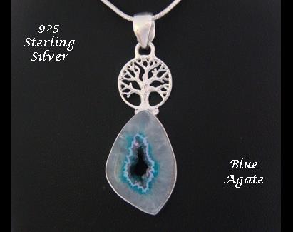 Tree of Life Pendant with Blue Agate Gemstone, Sterling Silver