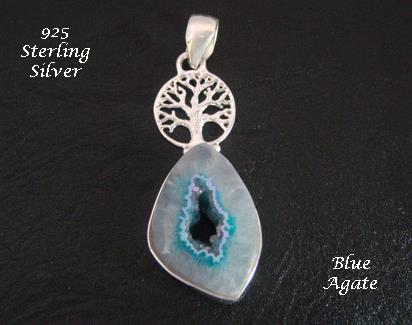 Tree of Life Pendant with Blue Agate Gemstone, Sterling Silver - Click Image to Close