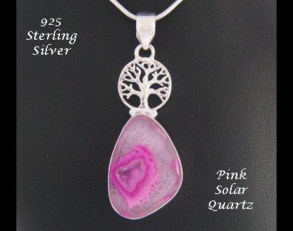 Tree of Life Pendant 925 Silver with Pink Solar Quartz Gemstone