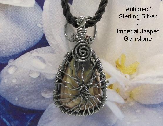 Tree of Life Necklace Pendant, Imperial Jasper Gemstone, Silver