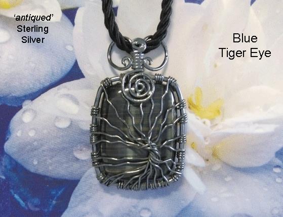 Tree of Life Necklace Pendant with a Large 'Blue' Tiger Eye Gem - Click Image to Close
