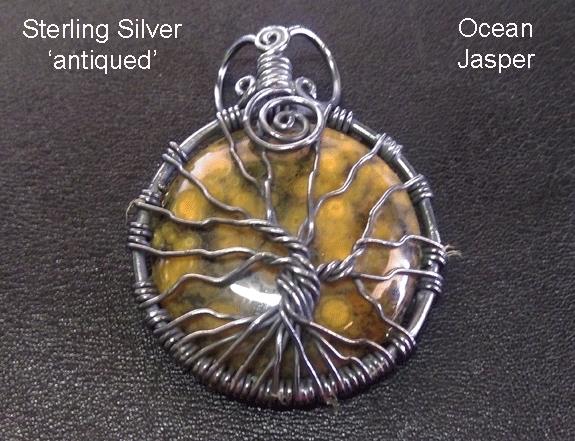 Tree of Life Necklace Pendant, Ocean Jasper Gem, Sterling Silver