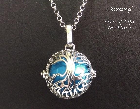 Chiming Tree of Life Necklace, Subtle Chime As You Move, Blue - Click Image to Close