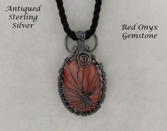 Tree of Life Necklace, Red Onyx Gem, Antiqued Sterling Silver - Click Image to Close