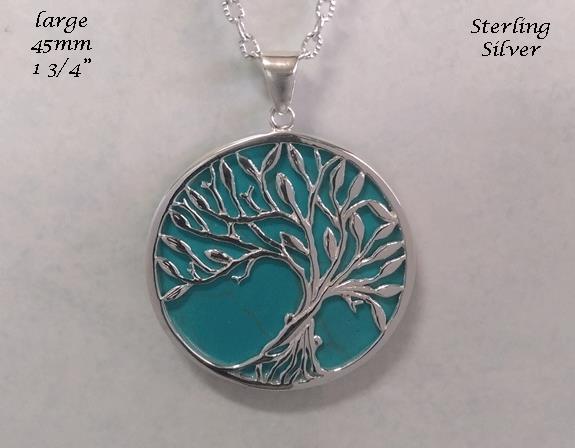 Large Sterling Silver Tree of Life Necklace, Turquoise Inlay - Click Image to Close