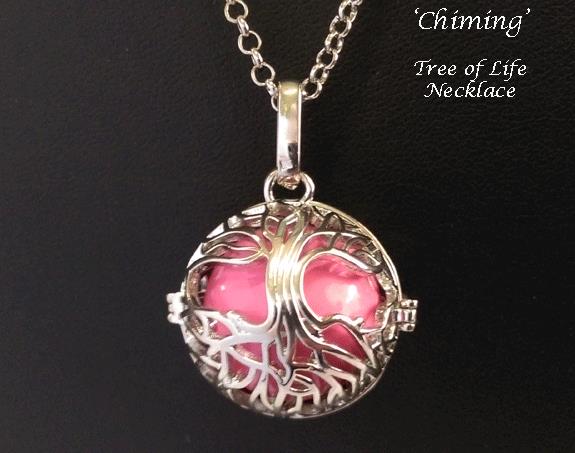 Chiming Tree of Life Necklace, Subtle Chime As You Move, Pink - Click Image to Close