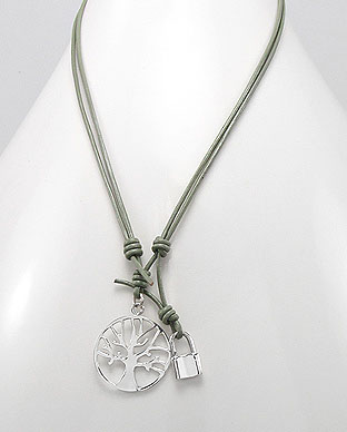 Silver Tree Of Life Necklace, Grey Leather Cord, Tree Jewelry